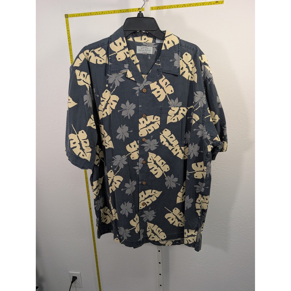 Denim Ridge Mens Large Blue Floral Monstera Leaf Short Sleeve Cotton Camp Shirt